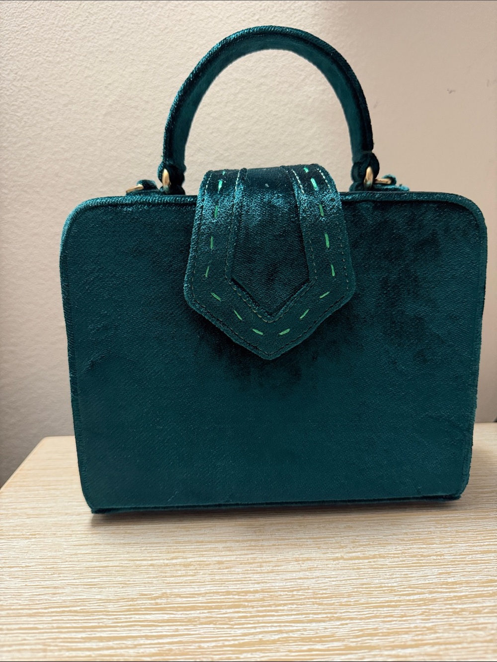 Emerald Velvet Structured Top-Handle Crossbody Bag